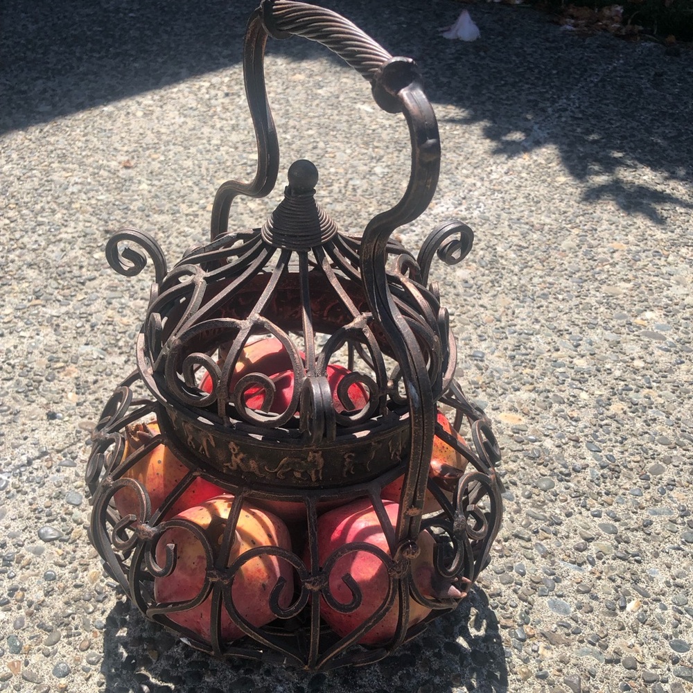 Brass Tea Pot Decorative Metal Fruit Basket with Pomegranates